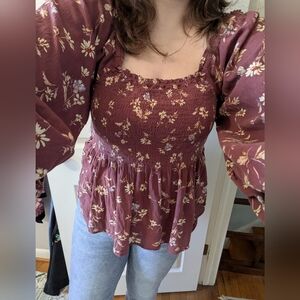 Madewell Floral Peasant Cotton Blouse Beown Burgundy Cream Daisy Ditsy Boho L 14